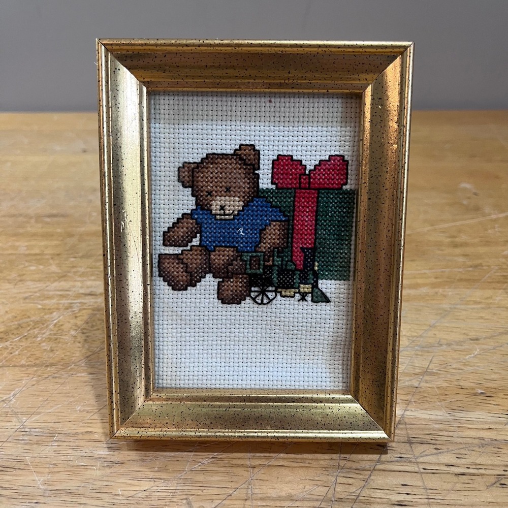 Vtg Teddy Bear Christmas Cross Stitch Framed Art Gold Speckled Frame 5x4 Nursery